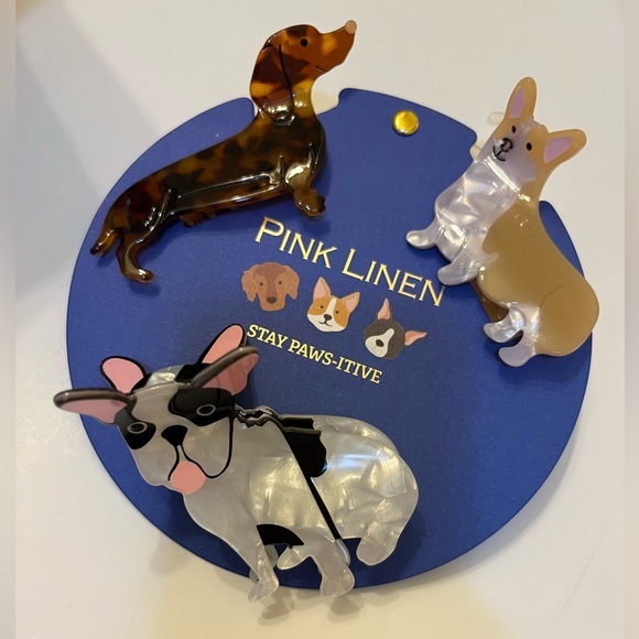 NWT 🐶 🐾 Pink Linen Stay Paw sitive! dog themed set of 3 hair claw clips - Picture 4 of 11